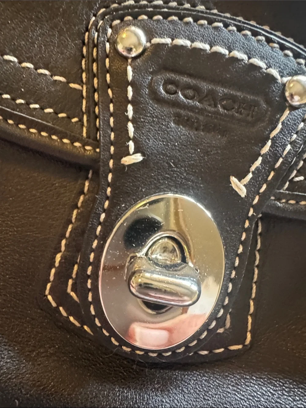Coach vintage Legacy Black Leather Wristlet Clutch with White Contrast Stitching